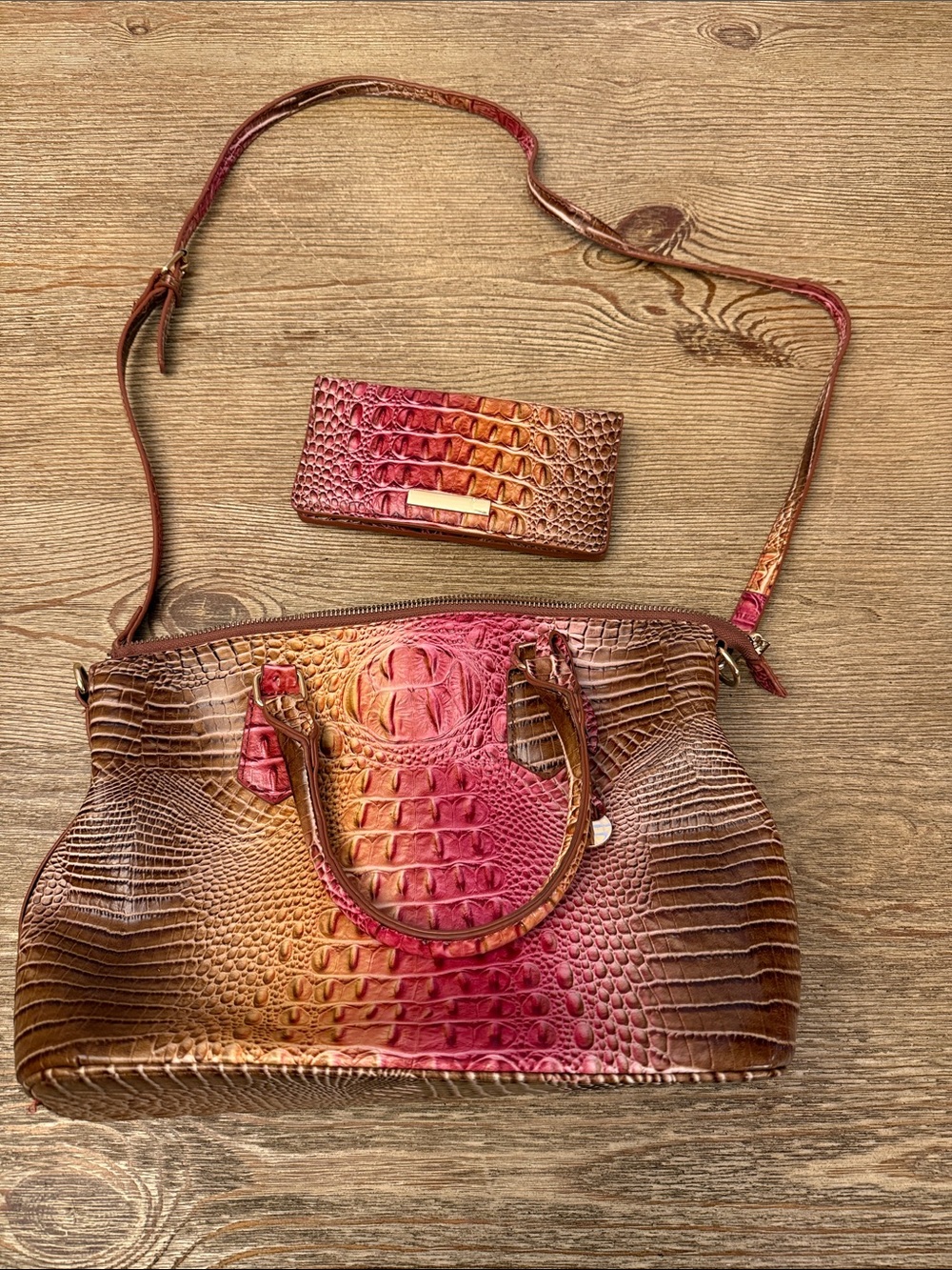 Faux Croc-Embossed Leather purse with Matching Wallet - Red & Brown